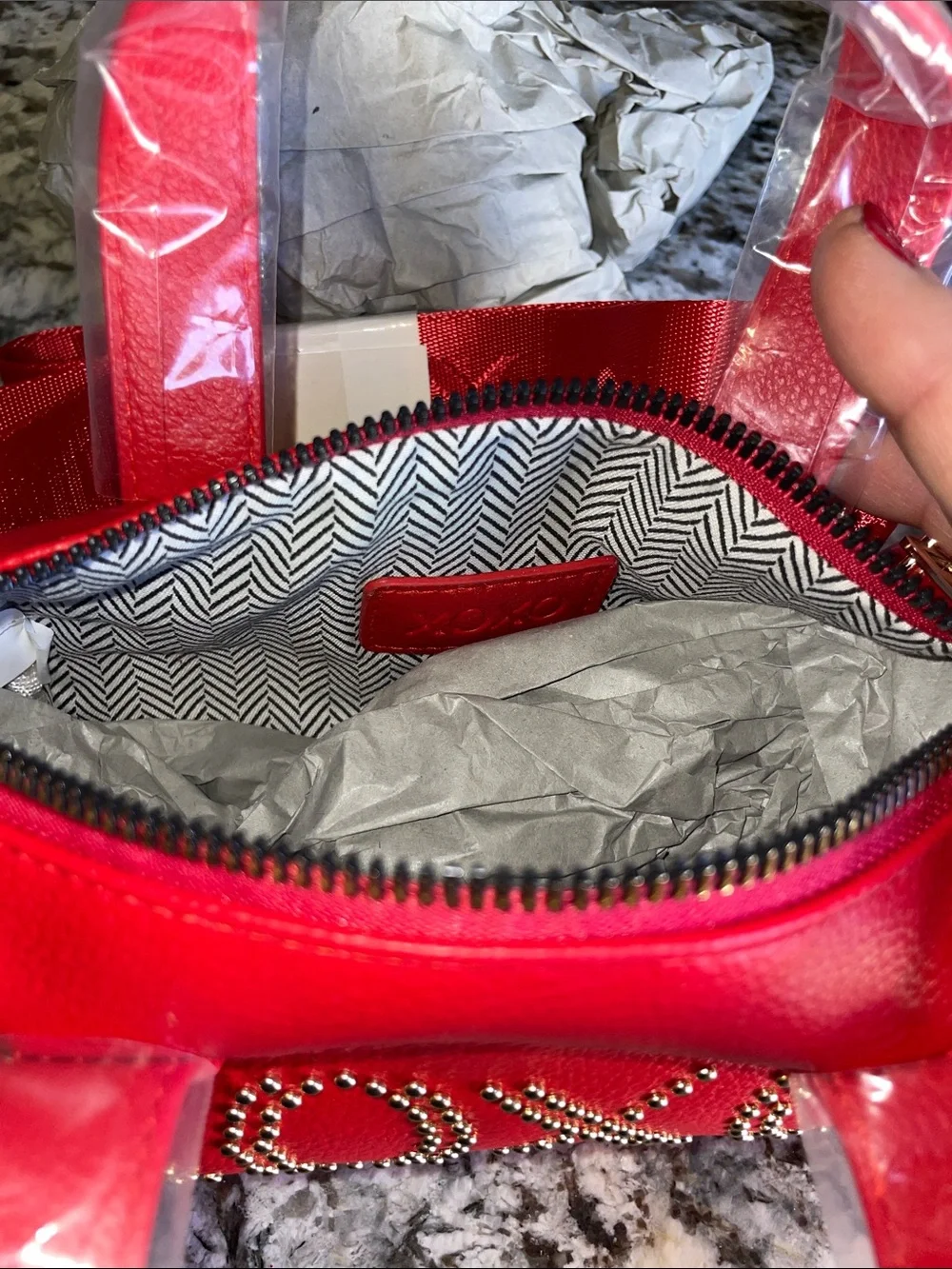XOXO Red Mini Barrel Satchel with Gold Stud Logo - XOXO Guitar strap - Picture 7 of 9